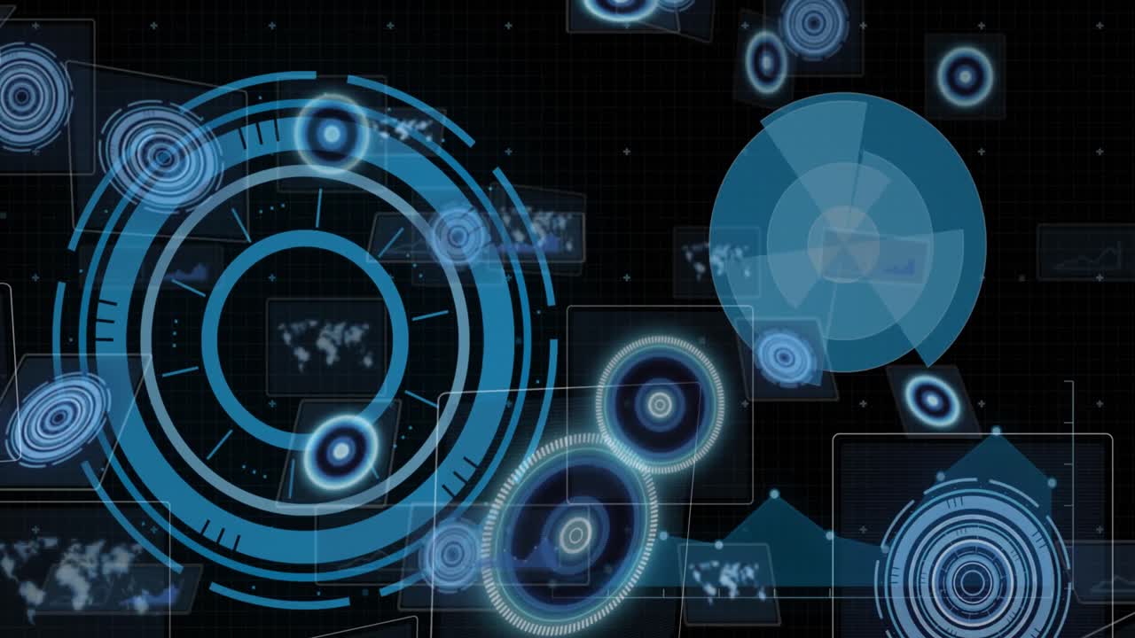 검은색 바탕에 데이터를 처리하는 원형 스캐너와 로딩 링의 애니메이션