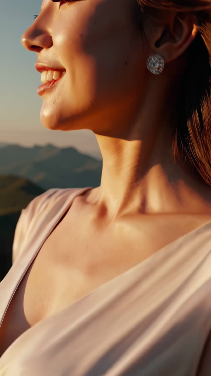 Woman in a dress enjoying the sunset from a mountain top
