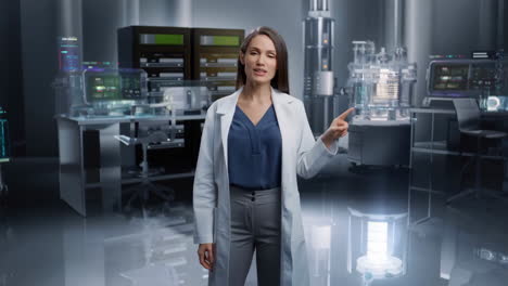 female scientist presenting data in a futuristic laboratory