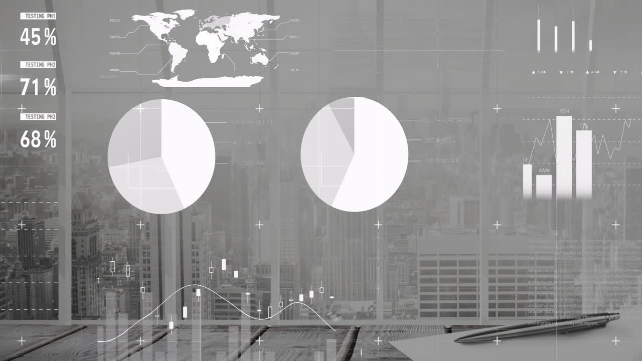 animación de visualización de datos financieros sobre el paisaje urbano con gráficos y gráficos