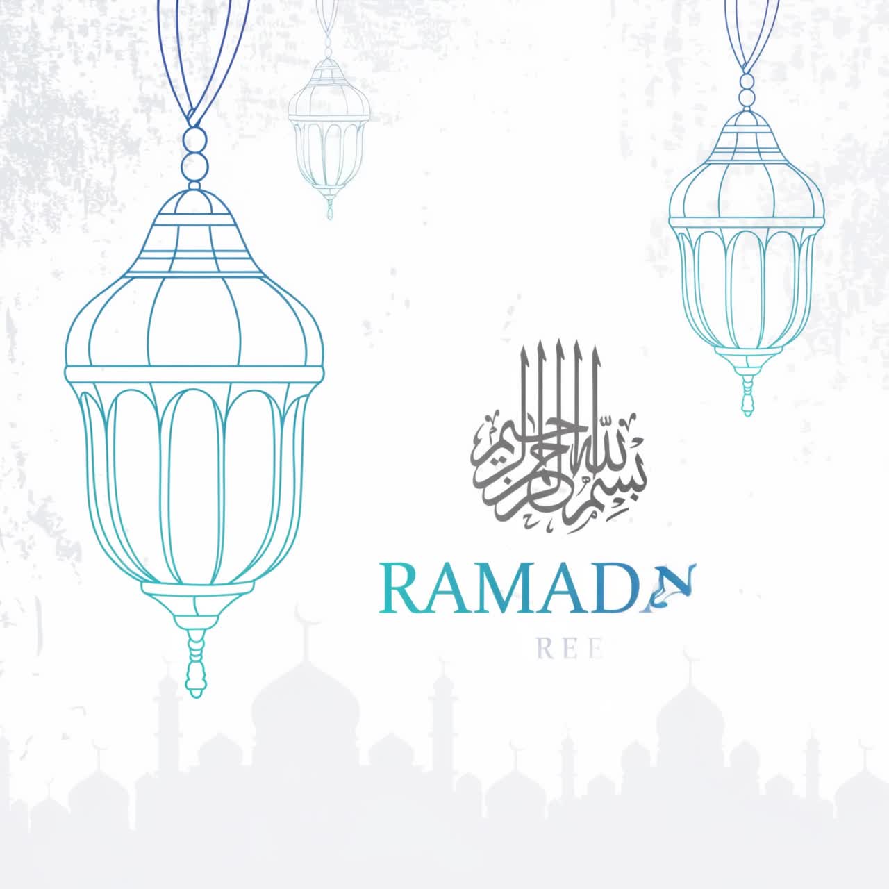 Ramadan Kareem Animation mit Hängelaternen, arabischer Kalligrafie, Moscheensilhouette auf weißem Hintergrund