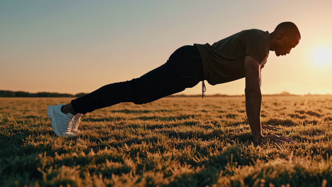 Man doing a plank exercise outdoors at sunset
