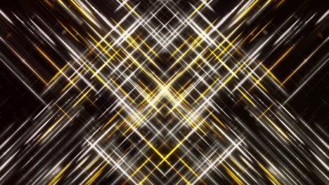 colorful glowing neon tech square or rhombus formed by stretched flows of stripes. animation. two diagonal streams of neon segments segments in the center of black screen, seamless loop