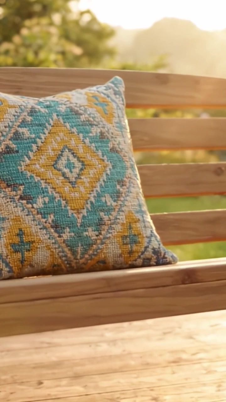 Una Scena Esterna Accogliente con un Cuscino Fantasia dai Colori Vivaci su una Panca di Legno, Circondata da una Vegetazione Rigogliosa e una Splendida Luce del Tramonto
