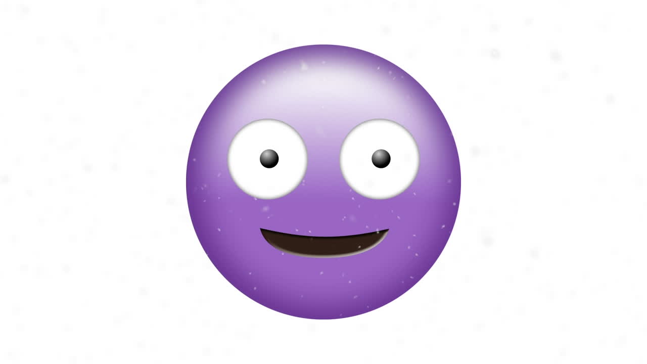 animación digital de partículas blancas que caen sobre emoji de cara tonta púrpura contra un fondo blanco