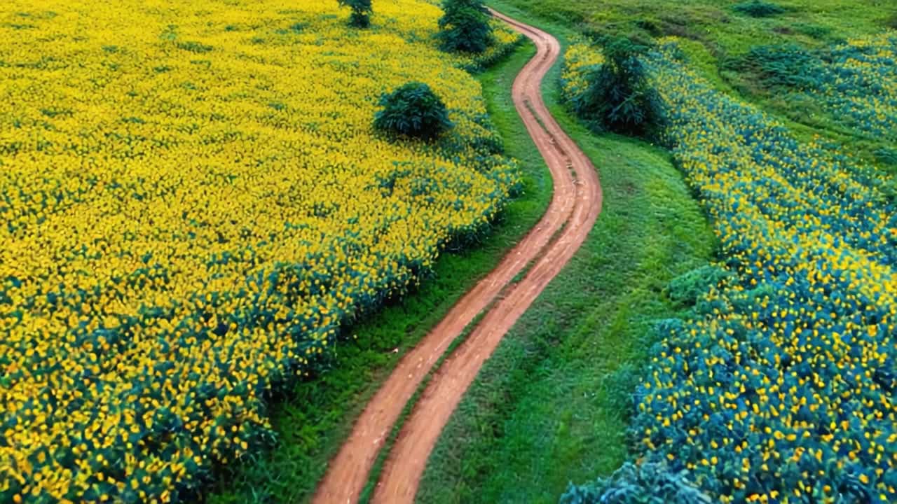 Winding Path Through Vibrant Yellow Flower Fields: A Scenic Landscape Journey Captured in Two Striking Frames