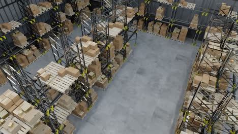 animation of drone view of stacks of boxes in warehouse