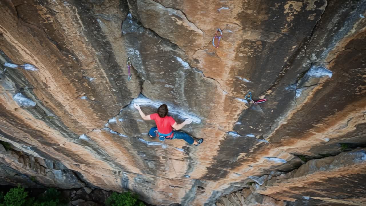 A person rock climbing on a textured rock face, viewed from above