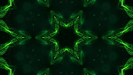4k looped sci-fi 3d background with glow green particles form lines, surfaces, pattern, kaleidoscope structures. abstraction symmetrical point structures in motion.