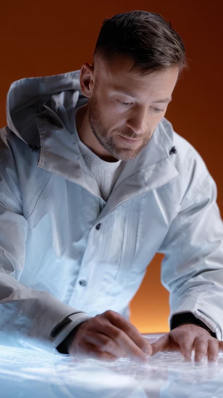 Un artista crea meticolosamente design complessi su una superficie luminosa, mostrando concentrazione e creatività in un ambiente affascinante di innovazione e arte.