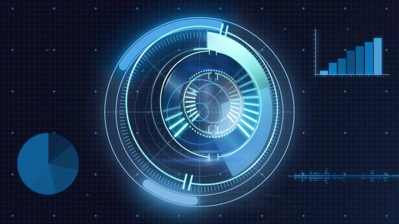 Code fading in launching holographic UI, pie filling, bars rising, waveform pulsing displaying data