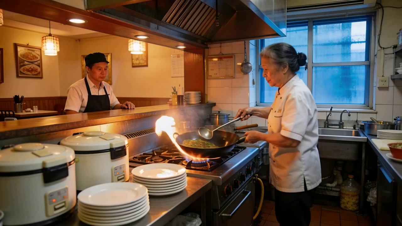 Chef in divisa che mescola e fa saltare il wok su fiamma blu al pass del ristorante mentre prepara gli ordini, con spazio per il testo.