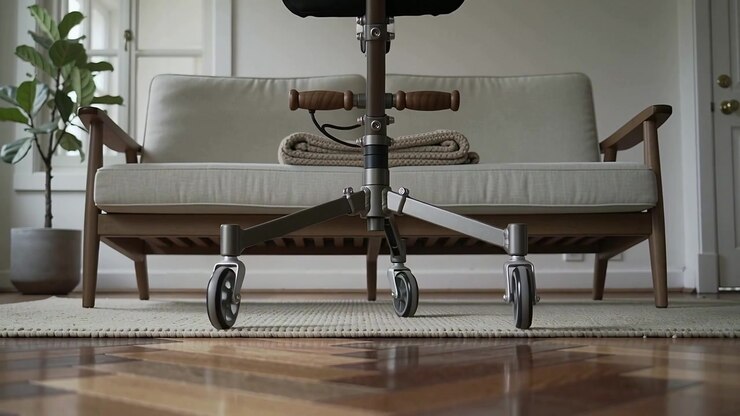 After push, rolling 4-wheel rollator approaching living room sofa to park, with wooden handle grips