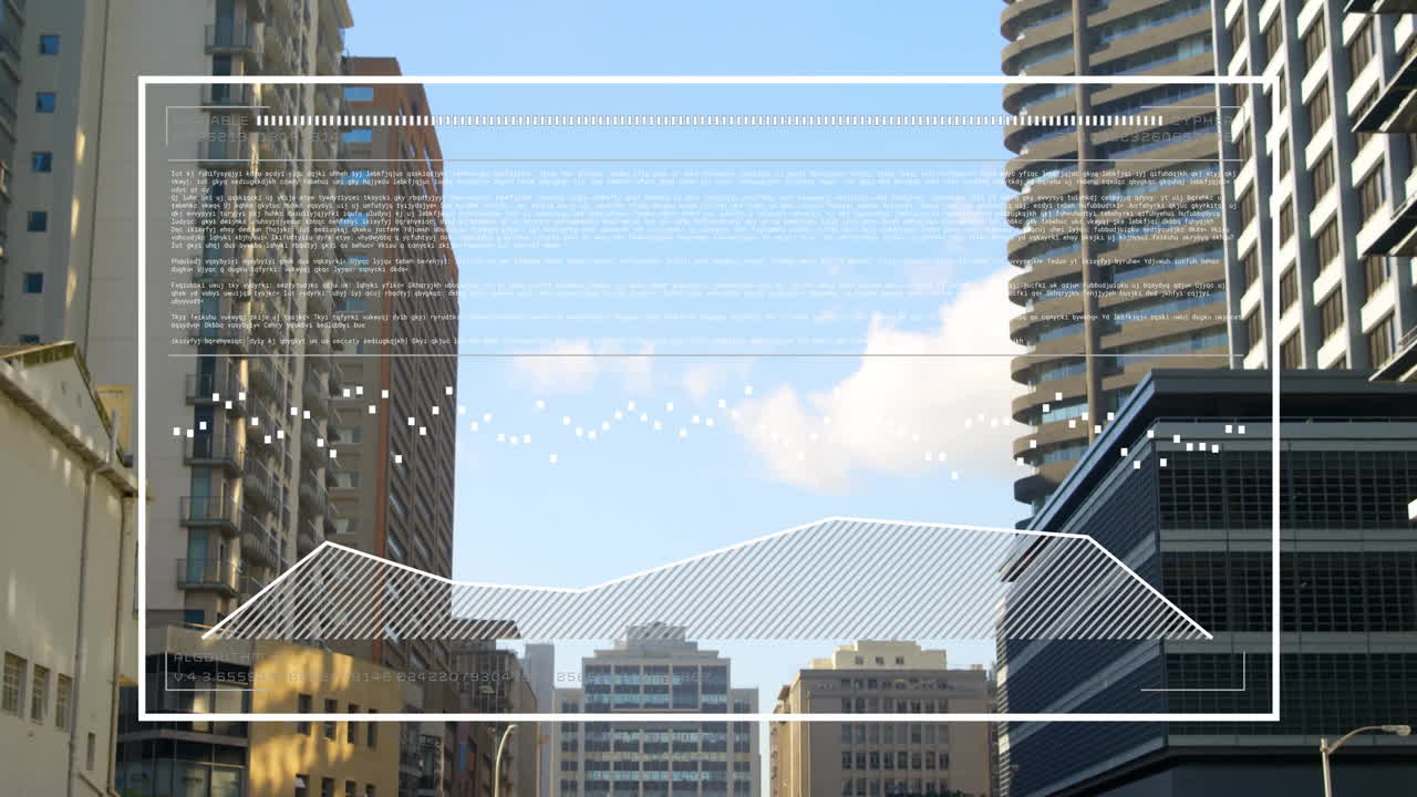 Data analysis animation over cityscape with tall buildings and blue sky