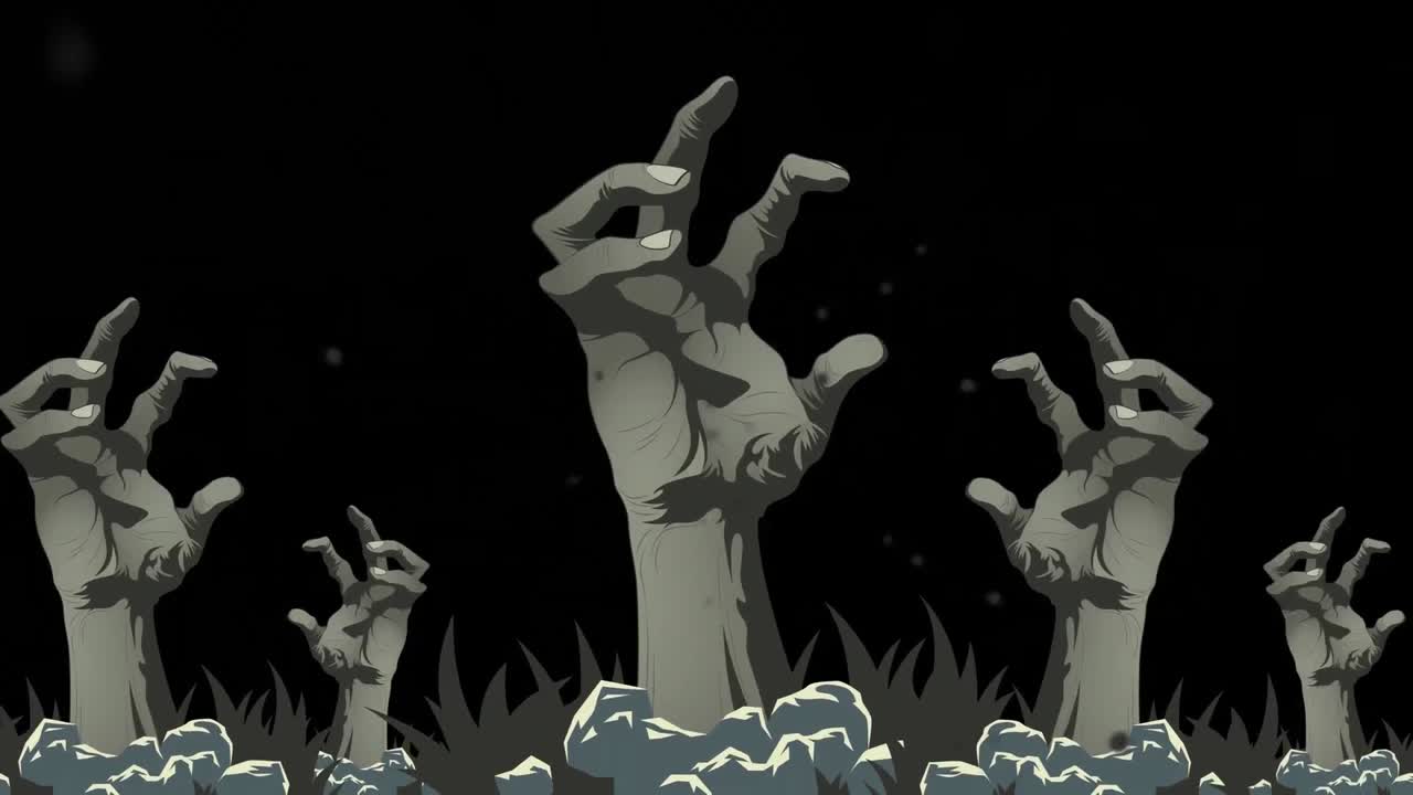 animación de saludos de halloween y manos sobre fondo negro