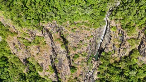 drone footage captures a waterfall cascading through dense rainforest, showcasing vibrant greenery and rocky cliffs in natural light