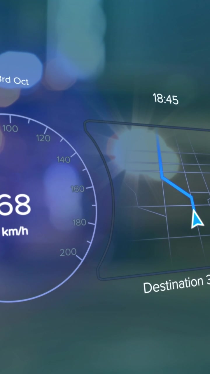 Animation of electric car speedometer data processing over city