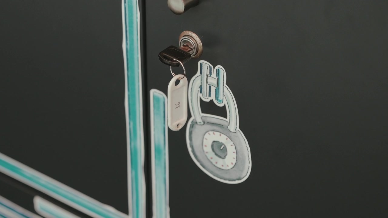 Close up of key inserted in locker door lock with tag and security symbol