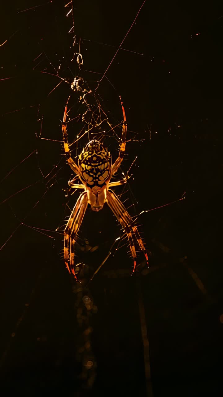 Vertical video: Testing web tension, orb-weaver spider probing legs at hub with wrapped insect prey