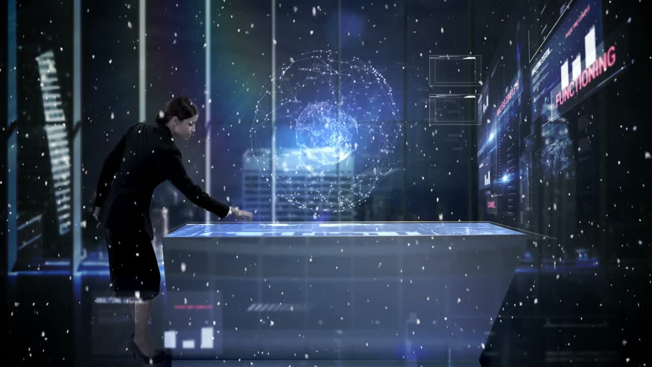 Animation of snowflakes on holographic display with people in business attire