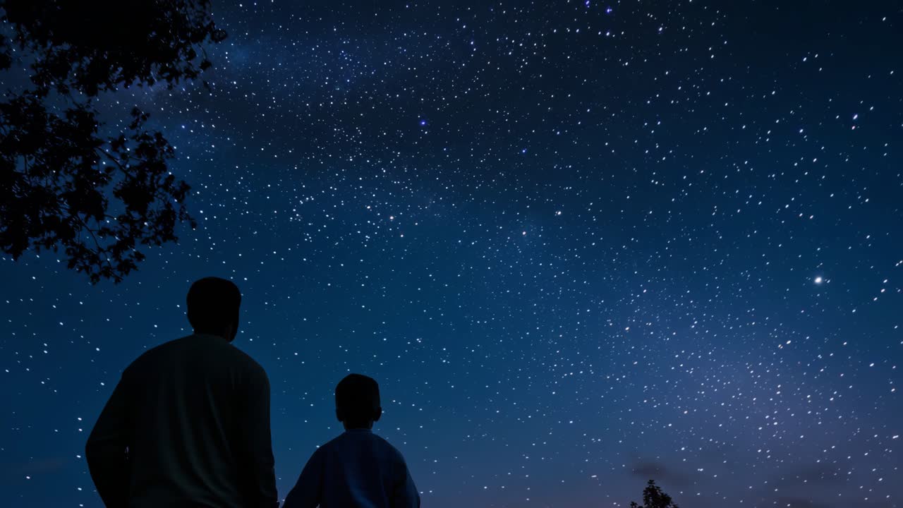 Father and son standing together, admiring the breathtaking view of the milky way galaxy on a clear, starry night, creating a magical moment of connection and wonder