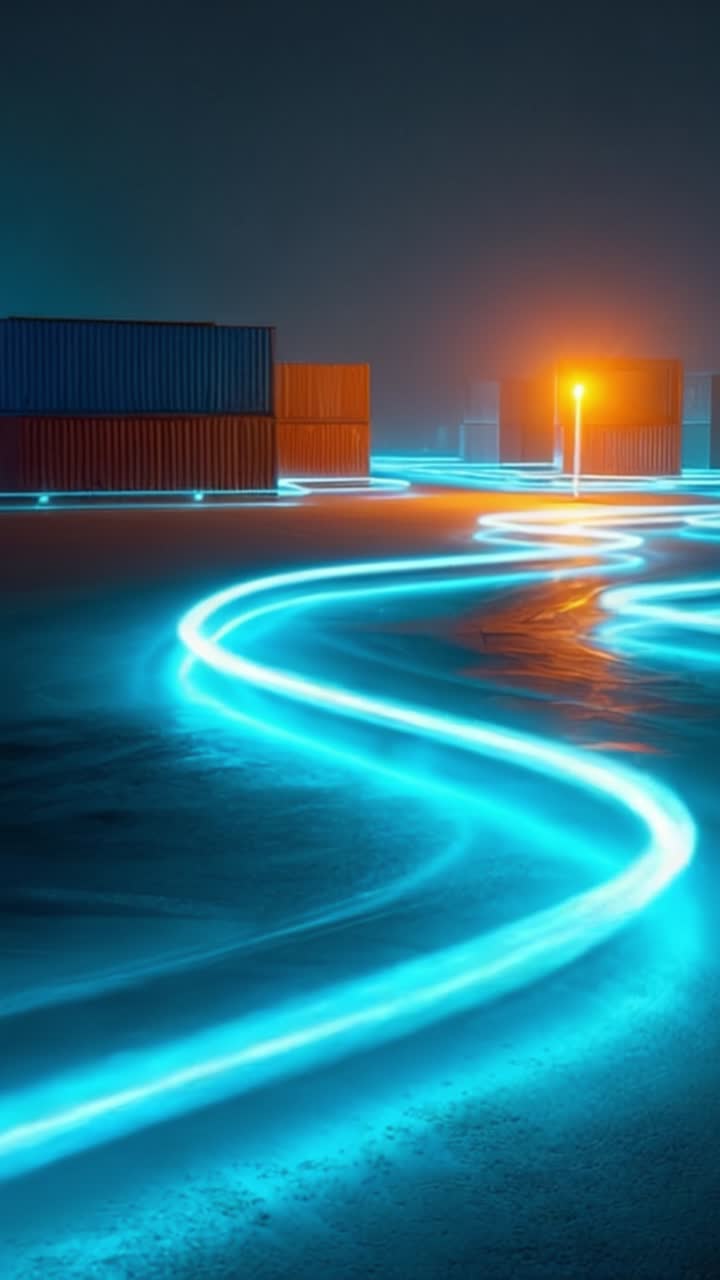 Uno spettacolo mozzafiato di scie luminose al neon che si intrecciano in un sereno paesaggio industriale notturno, creando motivi accattivanti tra i container.