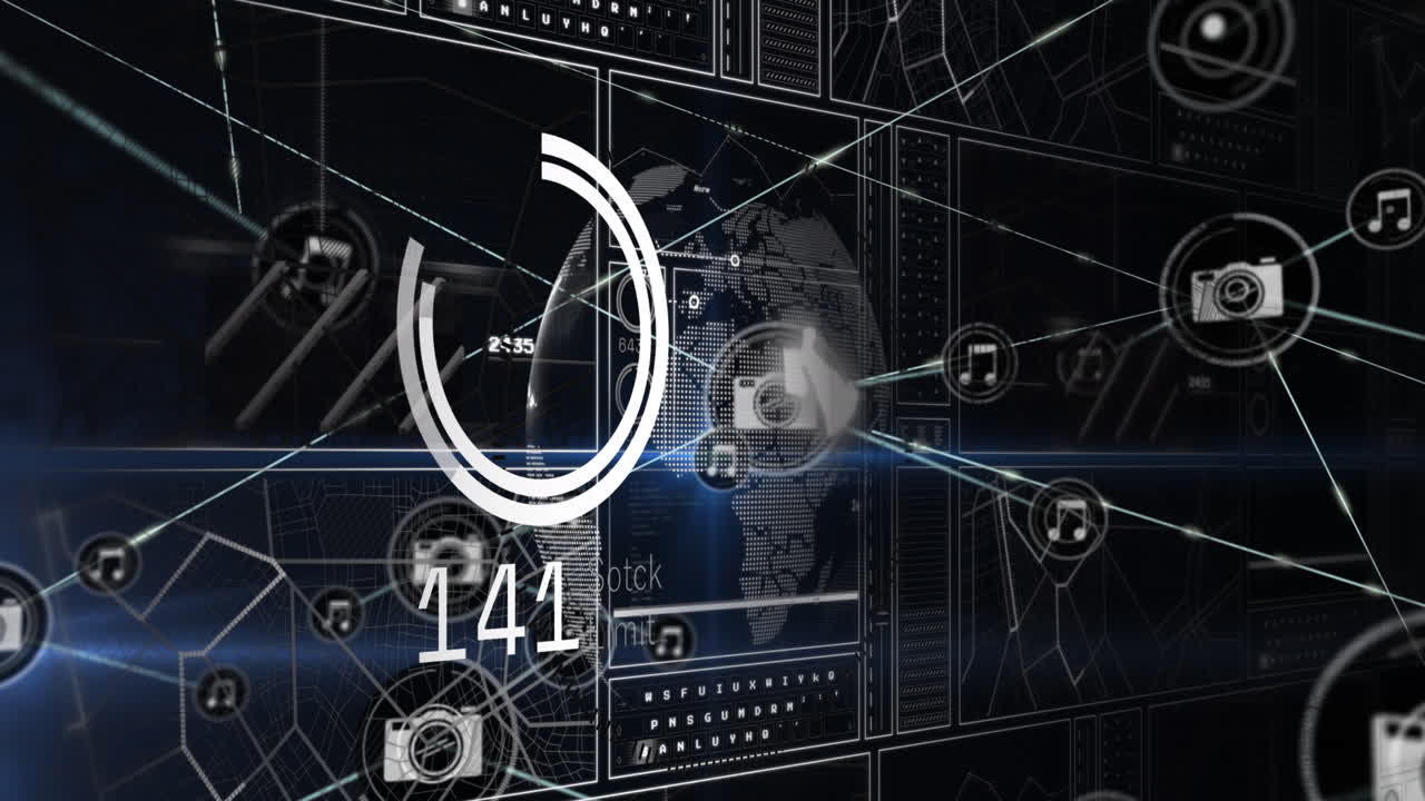 animación de la red de iconos digitales sobre la interfaz con el procesamiento de datos contra el globo giratorio
