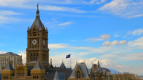 A-wonderful-time-lapse-and-great-close-up-of-the-clock-on-top-of-the-old-Salt-Lake-City-courthouse-on-beautiful-spring-afternoon
