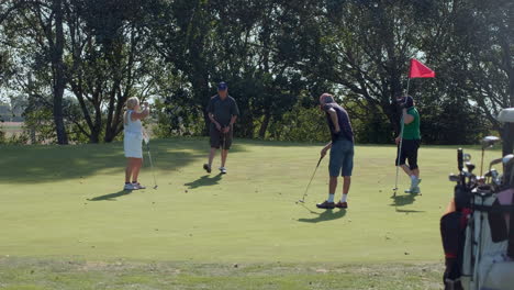 lucky casual golf player bounces ball on a leaf and score