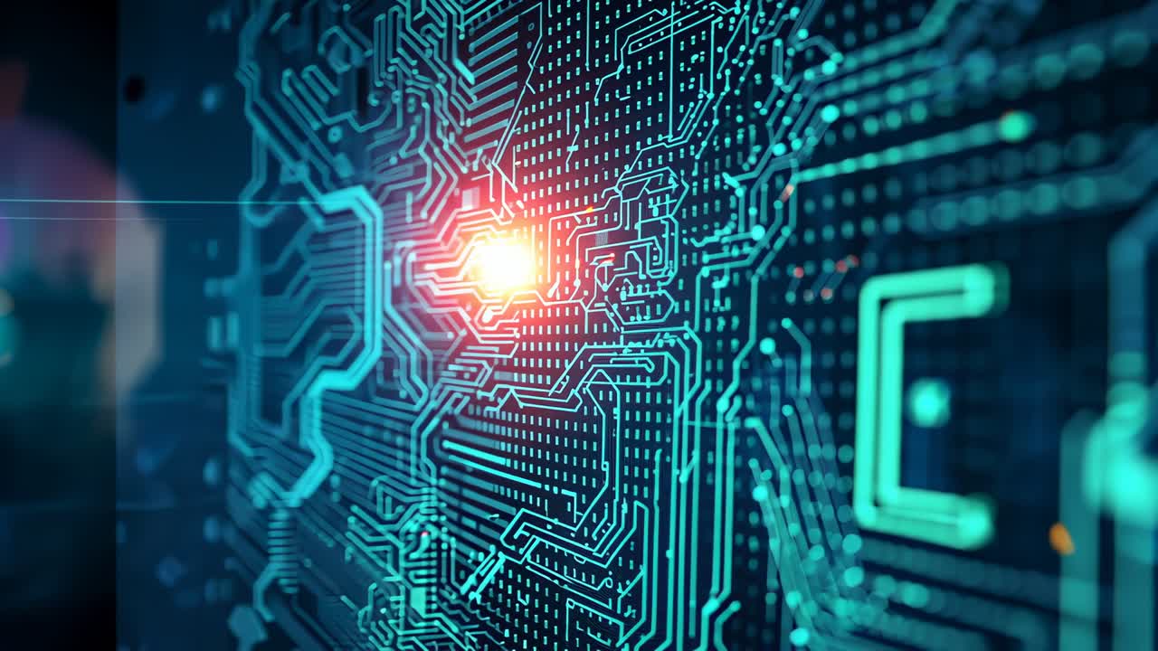 Powering neon blue circuit in network, pulsing glow and orange data pulse moving pathways
