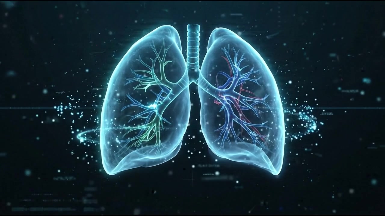 Pair of 3D human lungs glowing blue inside chest cavity background