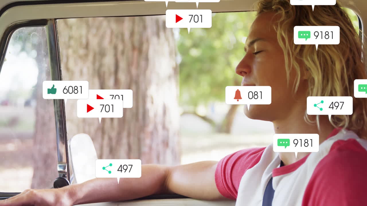 In car, child relaxing with animation of social media notifications appearing