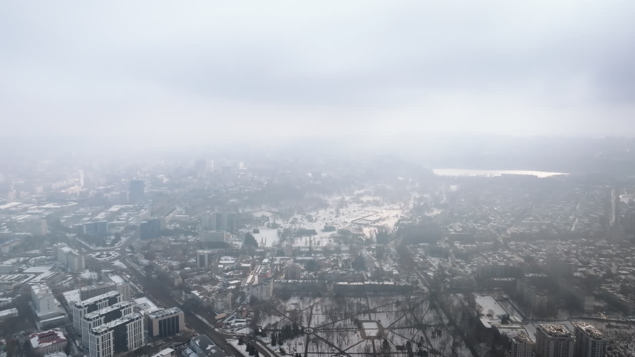 Aerial drone view of Chisinau city covered in snow. Winter in Moldova