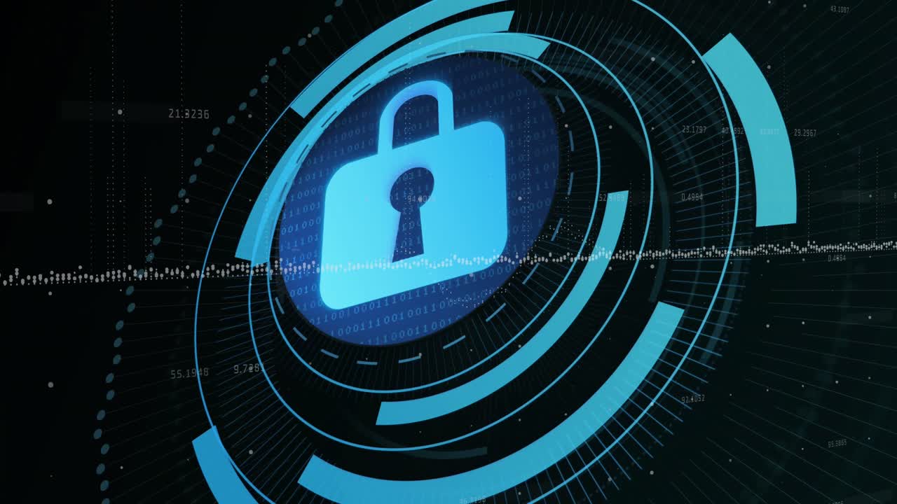 animación del procesamiento de datos sobre un candado de seguridad en un escáner redondo contra un fondo negro