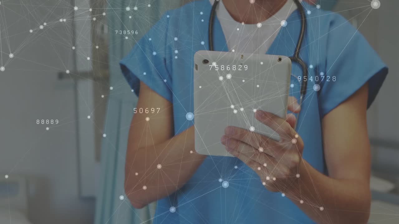 Profesional médico pulsando una tableta en una clínica, activando una red de datos animada, con un estetoscopio.