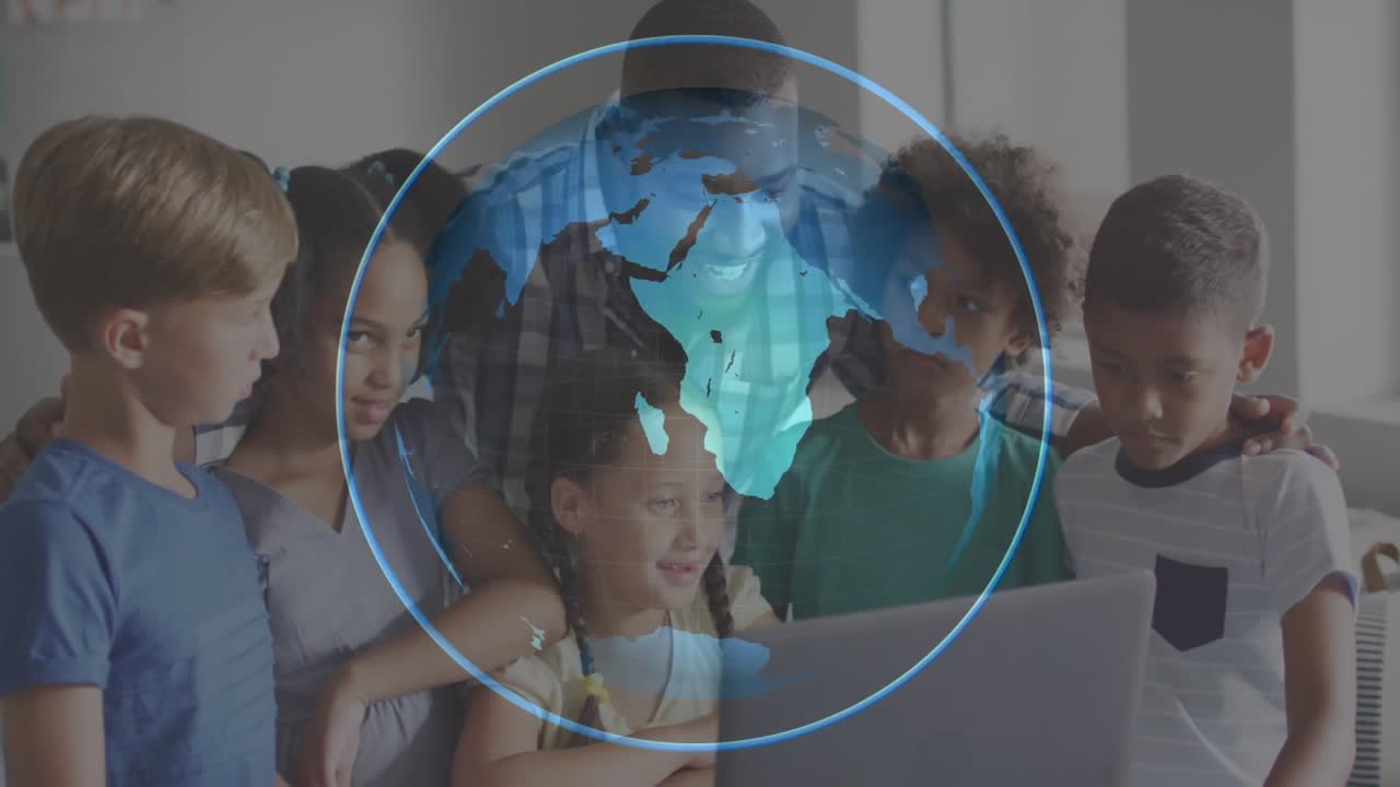 teacher leaning over laptop initiating blue globe rotating above students sparking student joy
