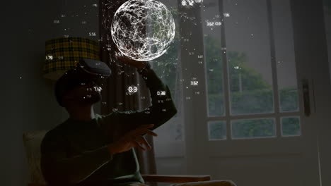 animación de la red de conexiones, globo y procesamiento de datos sobre el hombre en auriculares vr