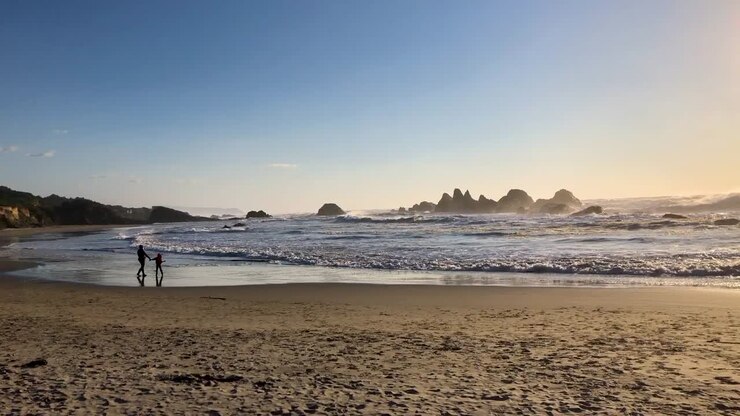 Silhueta de mãe e filho correndo das ondas ao pôr do sol.