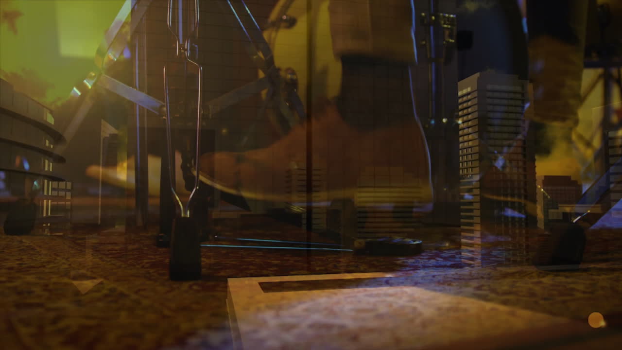 Drummer foot pressing pedal in animated 3D stage scene, showing cymbal stands and light reflections