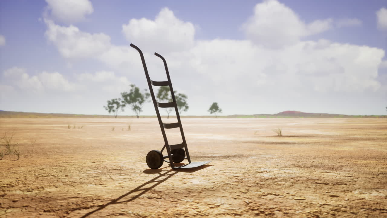 Solitary hand truck on dry cracked soil under clear blue sky