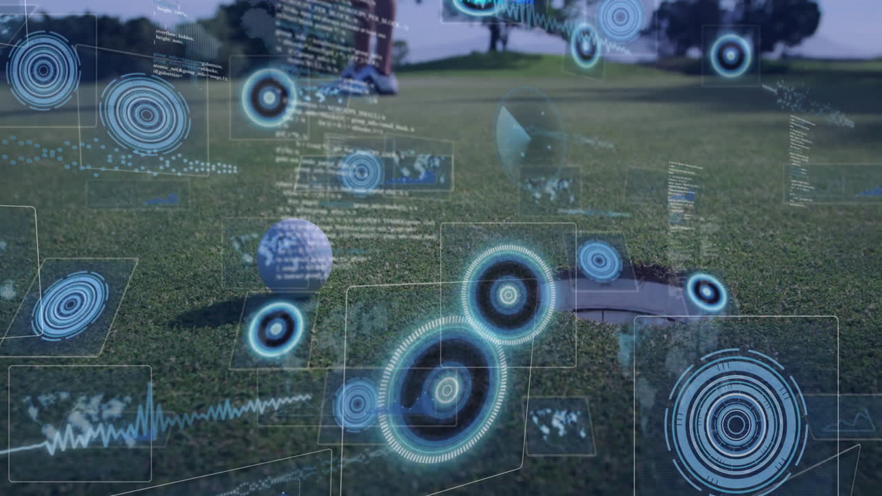male golfer lining up putt on green, technology HUD displaying target circles waveform graphs data