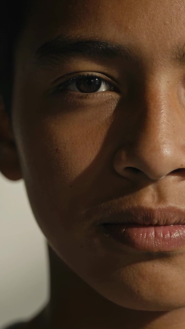 Vídeo vertical: Câmera se movendo, adolescente piscando e reajustando o olhar em estúdio, com luz quente