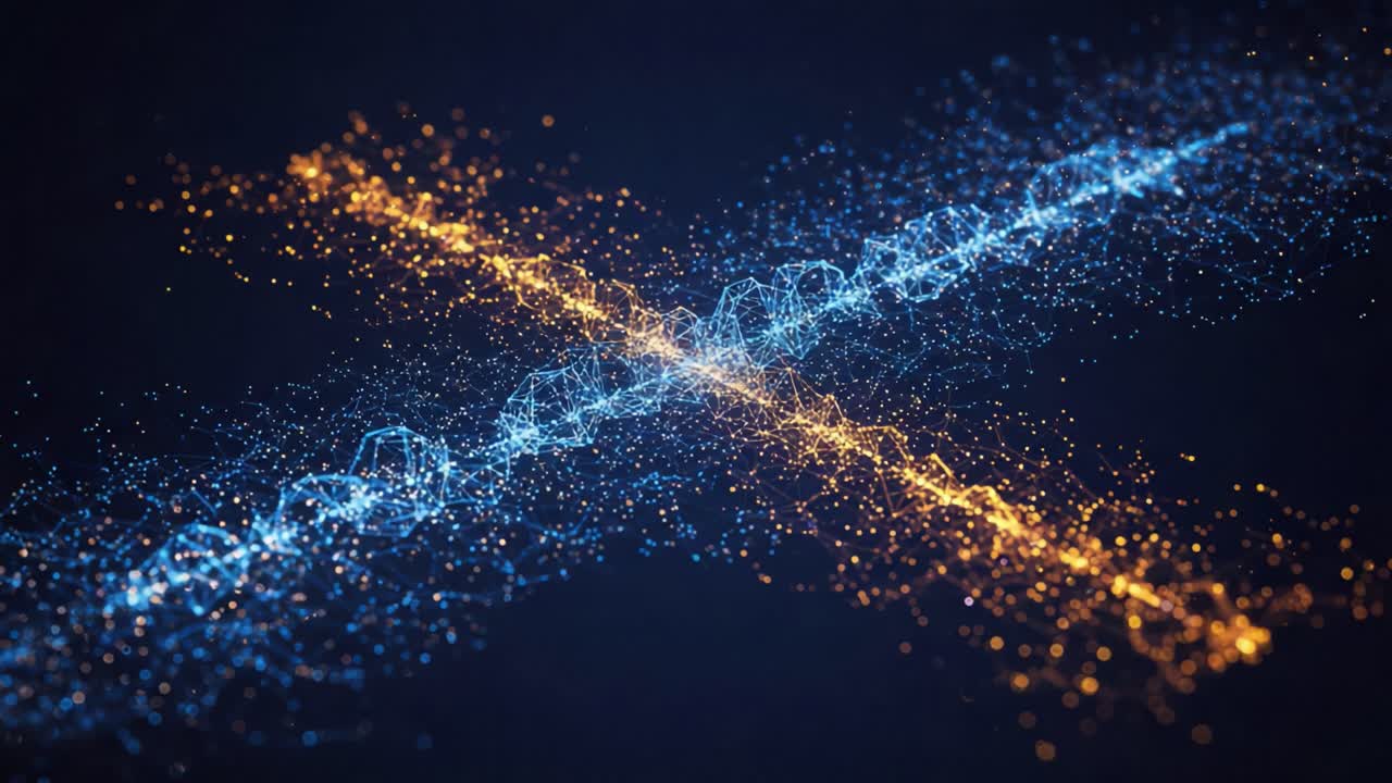 A Stunning Visualization of Intersecting Waves: A Blue and Orange Particles Display Representing Energy Dynamics and Data Flow in a Creative Abstract Format