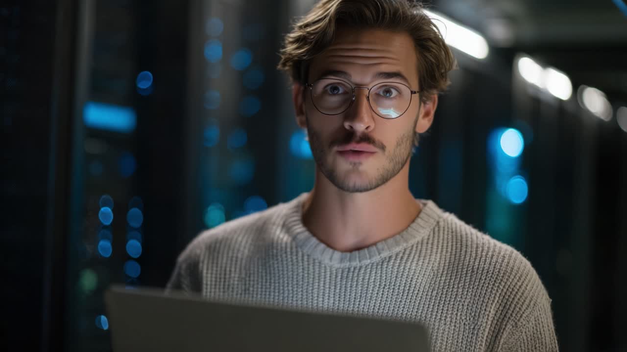 A young man with glasses and casual attire engages in focused work on a laptop, illuminated by soft blue lights and showcasing a modern, tech-savvy atmosphere