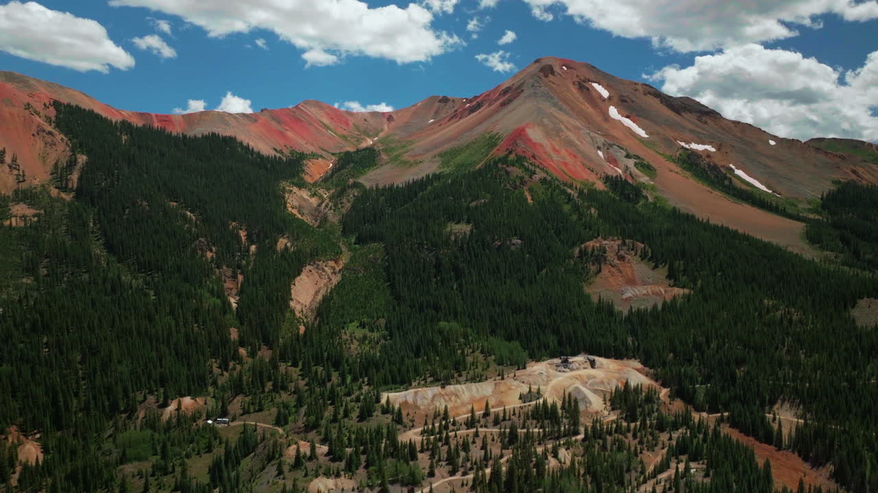 Aerial cinematic drone summer high altitude Red Mountain pass Ouray Silverton Telluride Colorado blue sky morning blue sky partly cloudy Rocky Mountains stunning drive upward movment
