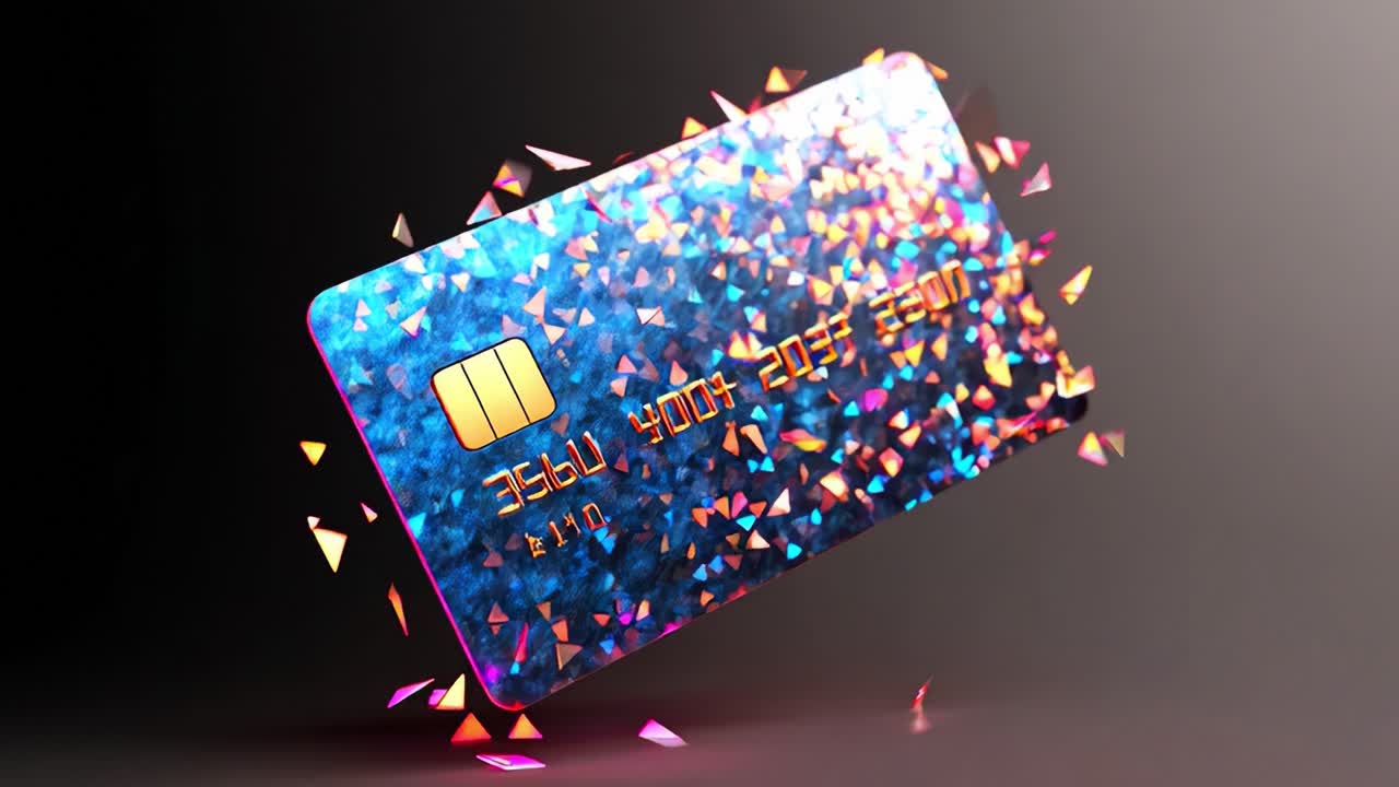 A dazzling credit card floats in an abstract space, surrounded by vibrant shards of light and color, showcasing a modern design that emphasizes a futuristic digital economy