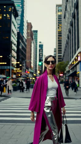 stylish woman in pink coat and sunglasses walking in the city