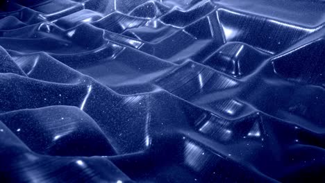 Stylish festive abstract black bg. Fantastical looped background, waves move on glossy surface like landscape made of liquid blue wax with sparkles. Beautiful soft background with smooth animation 4k