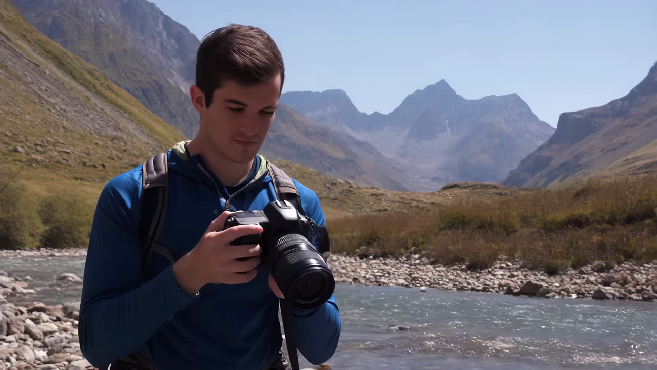 Photographer Taking Pictures in a Scenic Mountain Valley with a River