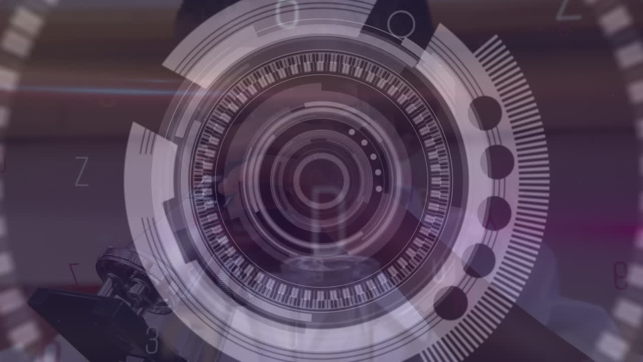 Animation of network of connections, numbers, scope scanning over schoolboy using microscope